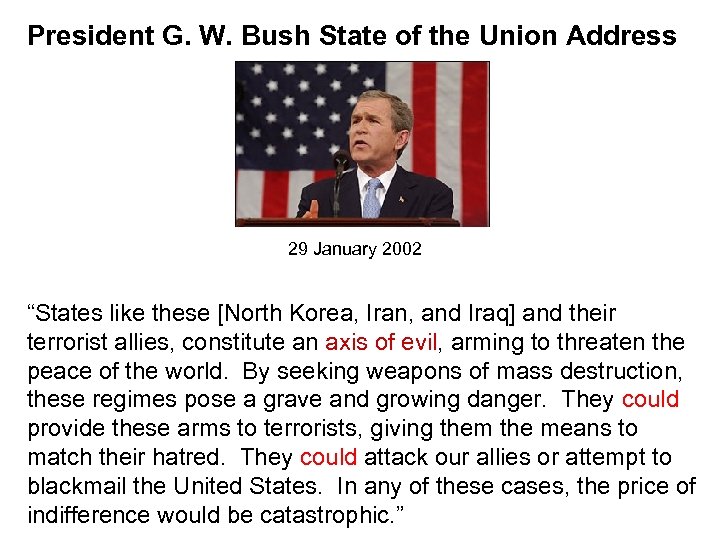 President G. W. Bush State of the Union Address 29 January 2002 “States like
