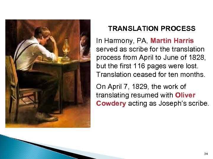 TRANSLATION PROCESS In Harmony, PA, Martin Harris served as scribe for the translation process