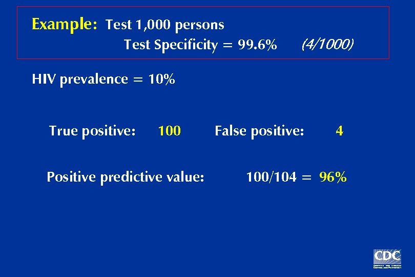 Example: Test 1, 000 persons Test Specificity = 99. 6% (4/1000) HIV prevalence =