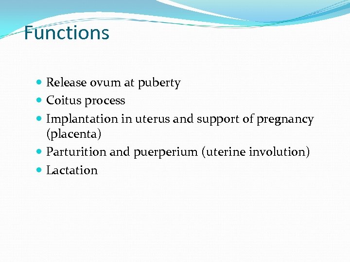 Functions Release ovum at puberty Coitus process Implantation in uterus and support of pregnancy