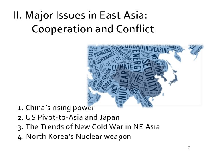 II. Major Issues in East Asia: Cooperation and Conflict 1. China’s rising power 2.