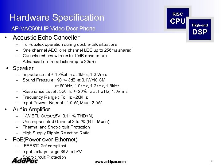 Hardware Specification AP-VAC 50 N IP Video Door Phone • Acoustic Echo Canceller –