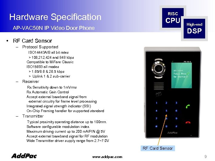 Hardware Specification RISC CPU AP-VAC 50 N IP Video Door Phone High-end DSP •