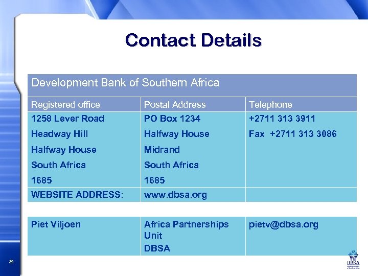 Contact Details Development Bank of Southern Africa Registered office Telephone 1258 Lever Road PO