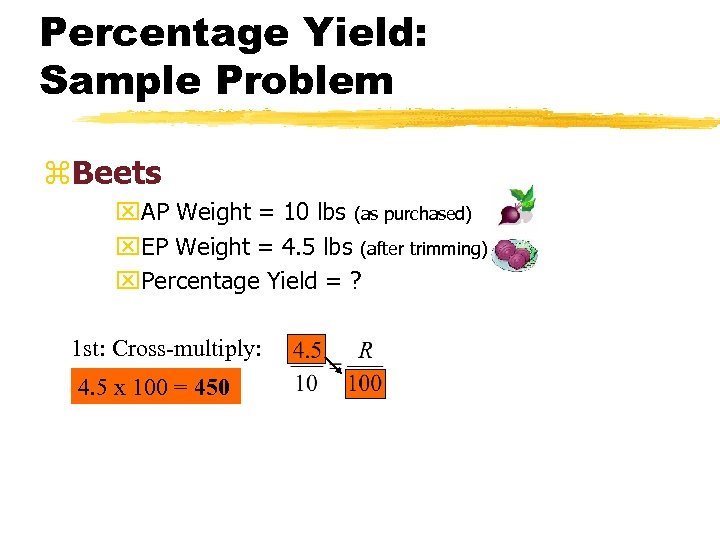 Percentage Yield: Sample Problem z. Beets x. AP Weight = 10 lbs (as purchased)