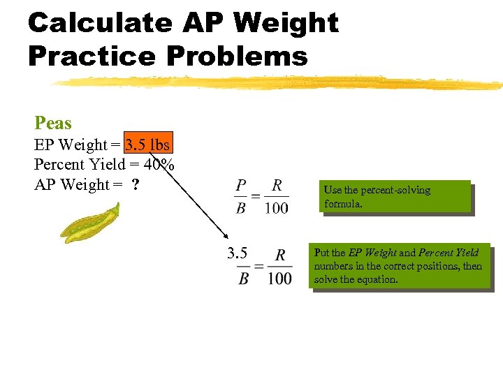 Calculate AP Weight Practice Problems Peas EP Weight = 3. 5 lbs Percent Yield