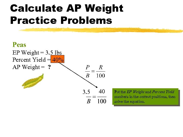 Calculate AP Weight Practice Problems Peas EP Weight = 3. 5 lbs Percent Yield