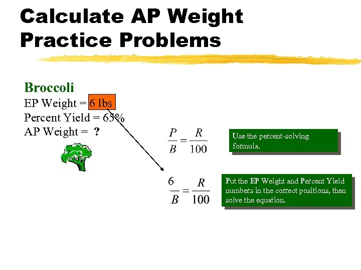 Calculate AP Weight Practice Problems Broccoli EP Weight = 6 lbs Percent Yield =