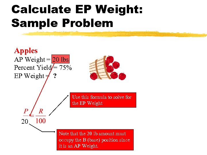 Calculate EP Weight: Sample Problem Apples AP Weight = 20 lbs Percent Yield =