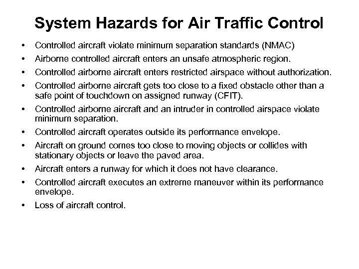 System Hazards for Air Traffic Control • • • Controlled aircraft violate minimum separation