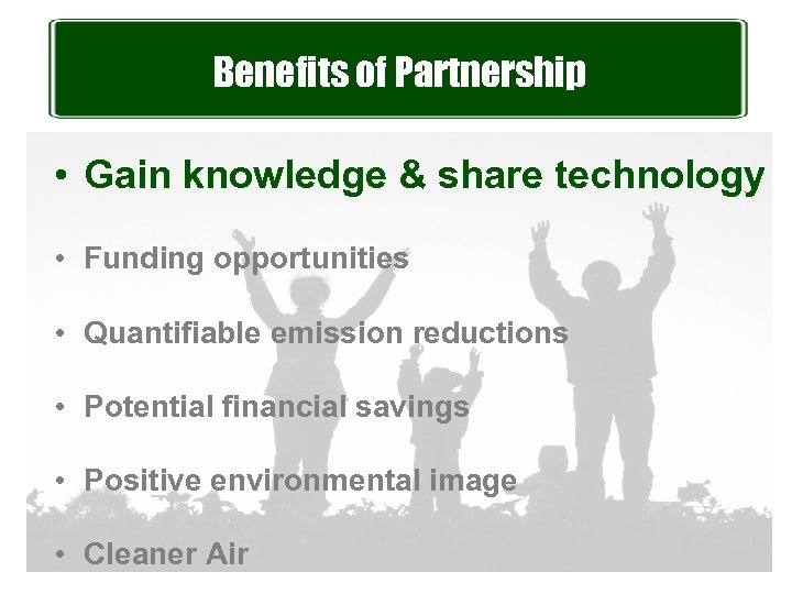 Benefits of Partnership • Gain knowledge & share technology • Funding opportunities • Quantifiable