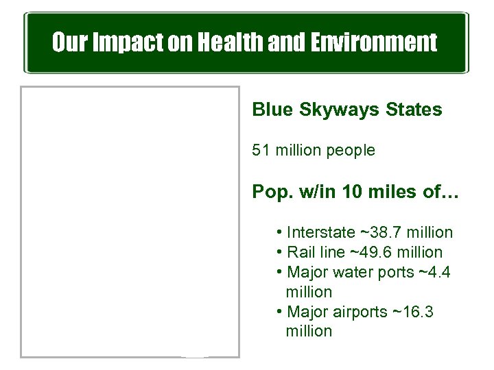 Our Impact on Health and Environment Blue Skyways States 51 million people Pop. w/in