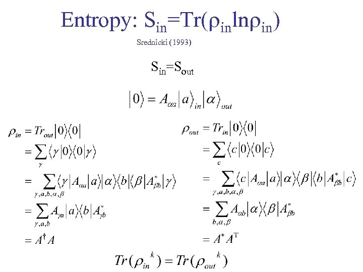 Entropy: Sin=Tr( inln in) Srednicki (1993) Sin=Sout 