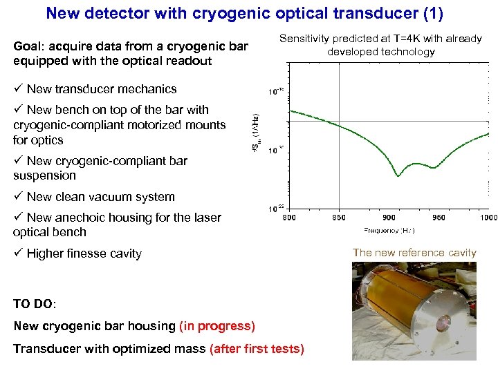 New detector with cryogenic optical transducer (1) Goal: acquire data from a cryogenic bar