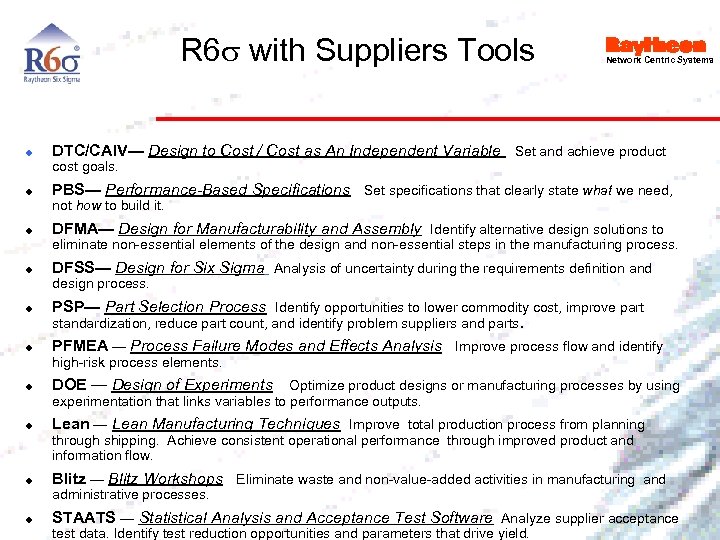 R 6 s with Suppliers Tools u Network Centric Systems DTC/CAIV— Design to Cost