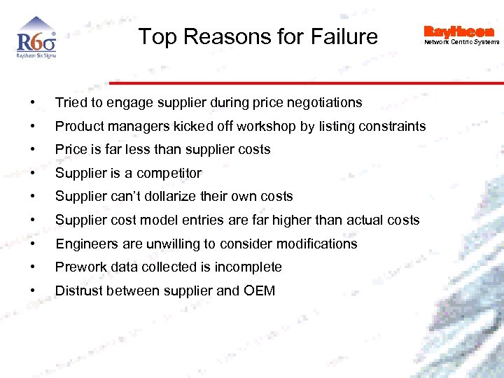 Top Reasons for Failure Network Centric Systems • Tried to engage supplier during price