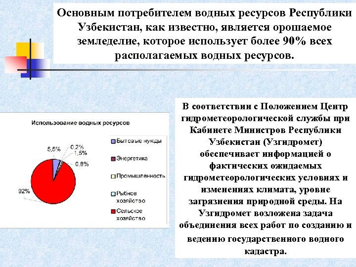 Основным потребителем водных ресурсов Республики Узбекистан, как известно, является орошаемое земледелие, которое использует более