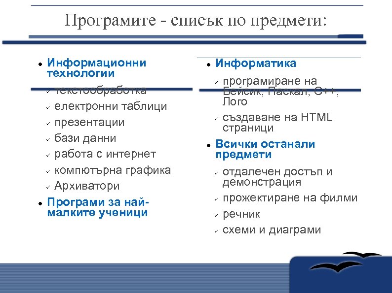 Програмите - списък по предмети: Информационни технологии текстообработка електронни таблици презентации бази данни работа