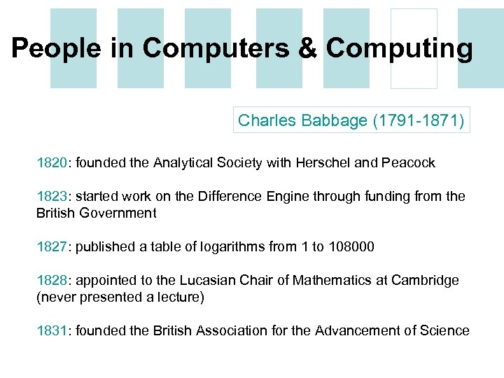 People in Computers & Computing Charles Babbage (1791 -1871) 1820: founded the Analytical Society