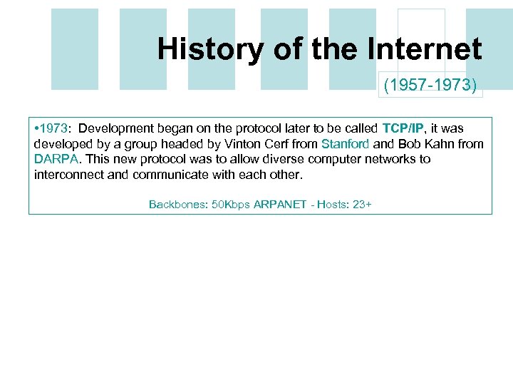 History of the Internet (1957 -1973) • 1973: Development began on the protocol later