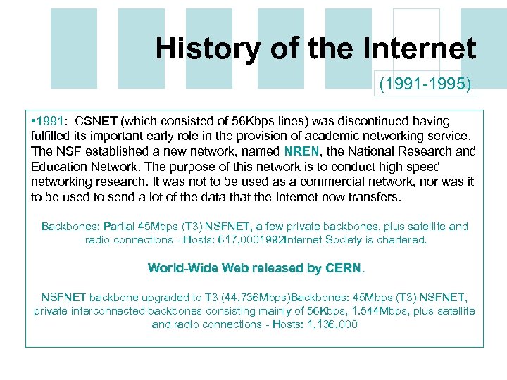 History of the Internet (1991 -1995) • 1991: CSNET (which consisted of 56 Kbps