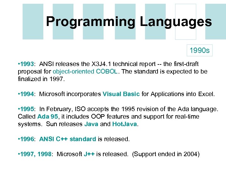 Programming Languages 1990 s • 1993: ANSI releases the X 3 J 4. 1