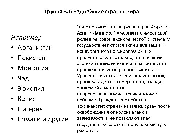 Группа 3. 6 Беднейшие страны мира Например • Афганистан • Пакистан • Монголия •