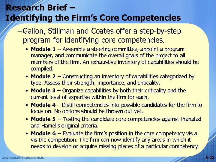 Research Brief – Identifying the Firm’s Core Competencies – Gallon, Stillman and Coates offer