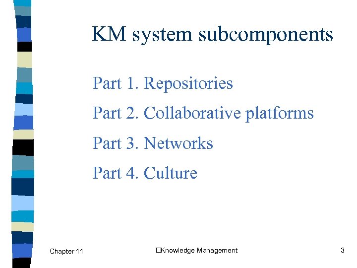 KM system subcomponents Part 1. Repositories Part 2. Collaborative platforms Part 3. Networks Part