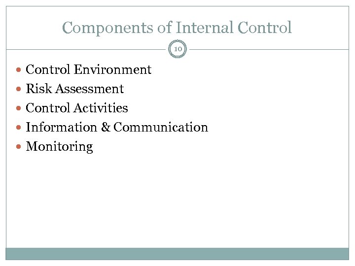 Components of Internal Control 10 Control Environment Risk Assessment Control Activities Information & Communication