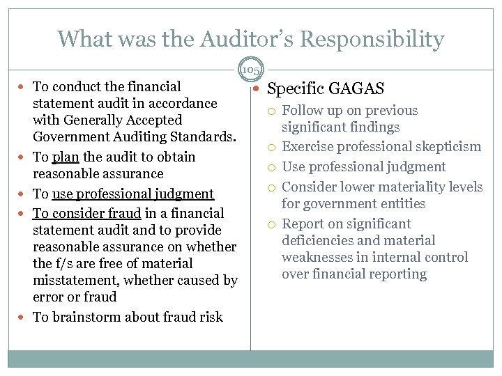 What was the Auditor’s Responsibility 105 To conduct the financial Specific GAGAS statement audit