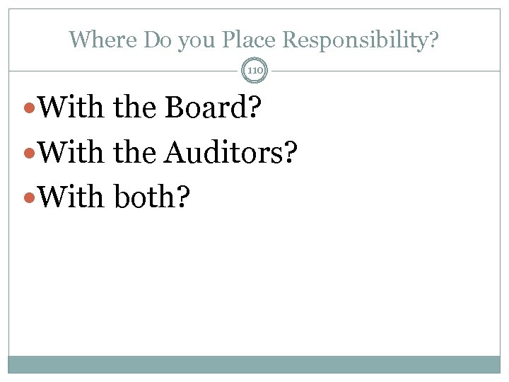 Where Do you Place Responsibility? 110 With the Board? With the Auditors? With both?