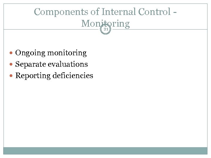 Components of Internal Control Monitoring 21 Ongoing monitoring Separate evaluations Reporting deficiencies 