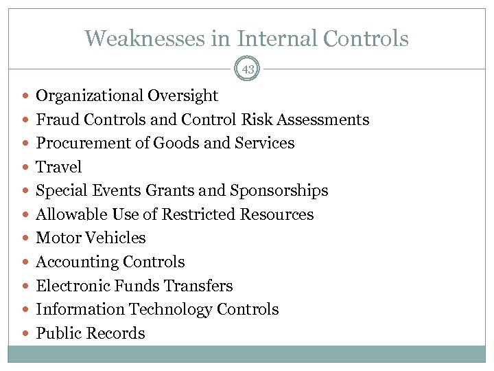 Weaknesses in Internal Controls 43 Organizational Oversight Fraud Controls and Control Risk Assessments Procurement