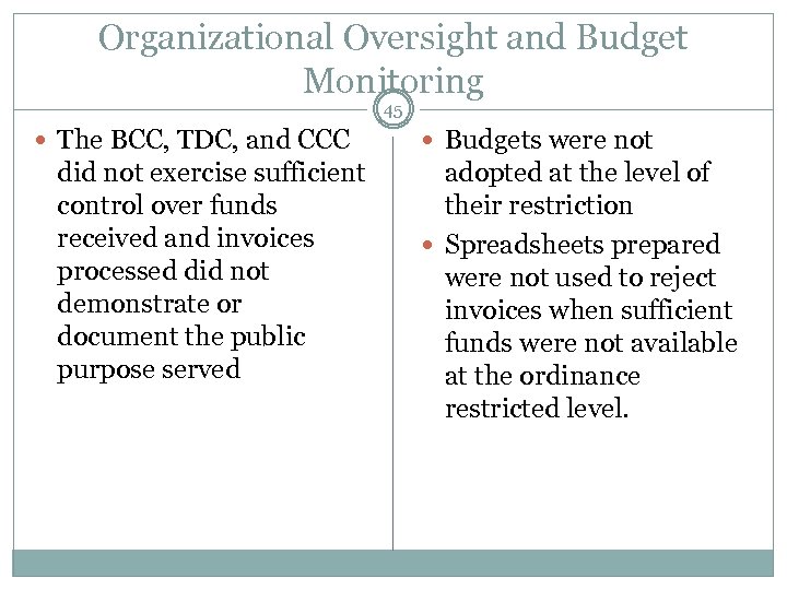 Organizational Oversight and Budget Monitoring 45 The BCC, TDC, and CCC did not exercise