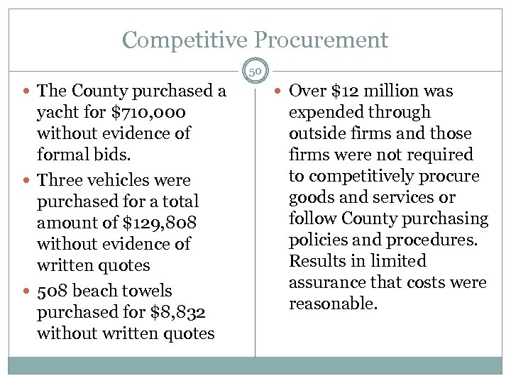 Competitive Procurement 50 The County purchased a yacht for $710, 000 without evidence of