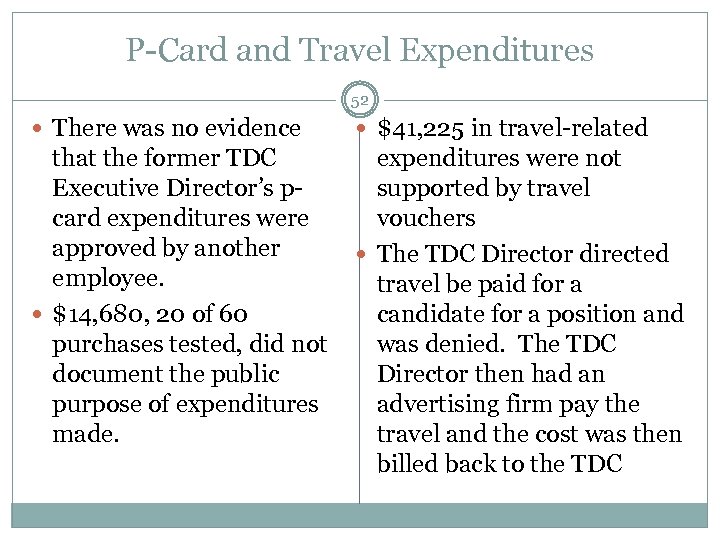 P-Card and Travel Expenditures 52 There was no evidence $41, 225 in travel-related that