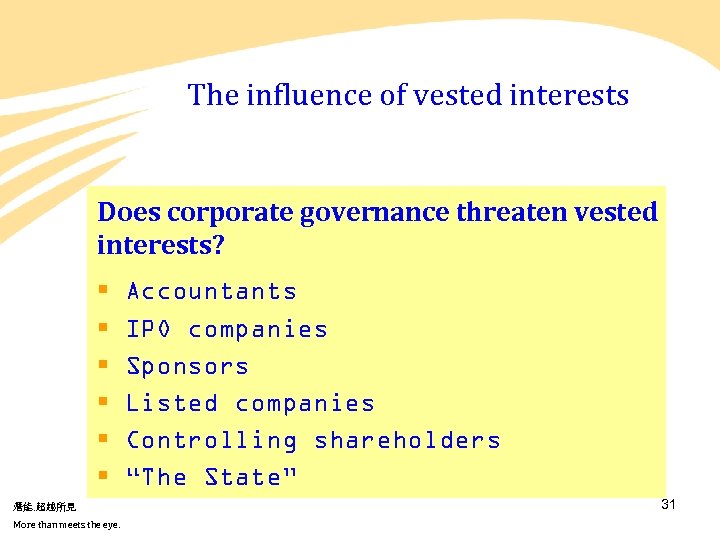The influence of vested interests Does corporate governance threaten vested interests? § § §