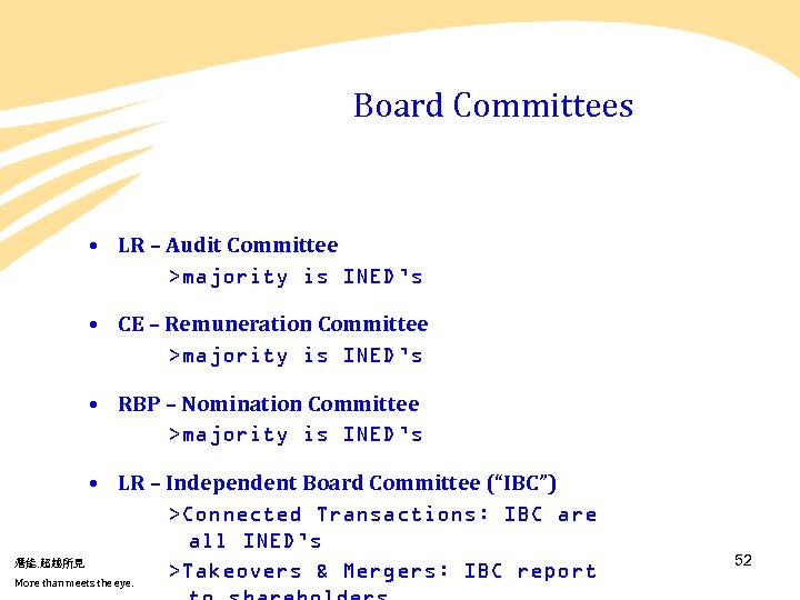 Board Committees • LR – Audit Committee >majority is INED’s • CE – Remuneration