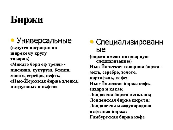 Биржи • Универсальные (ведутся операции по широкому кругу товаров) «Чикаго борд оф трейд» пшеница,