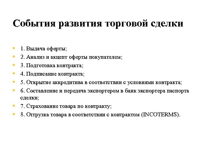 События развития торговой сделки • • 1. Выдача оферты; 2. Анализ и акцепт оферты