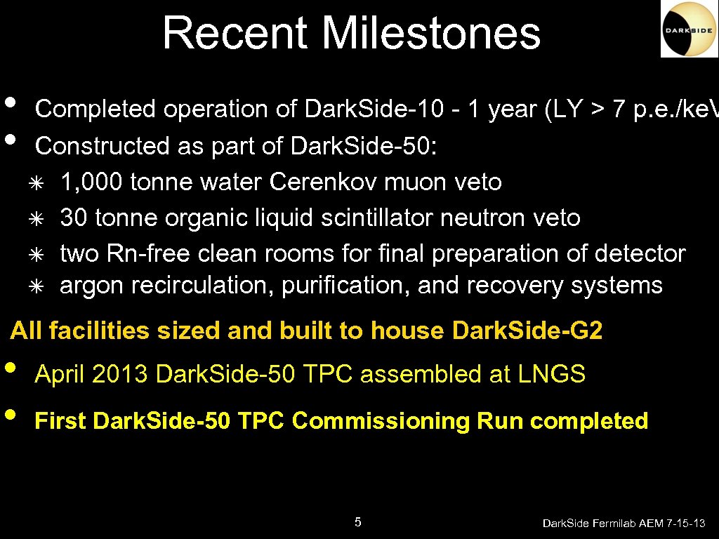 Recent Milestones • • Completed operation of Dark. Side-10 - 1 year (LY >