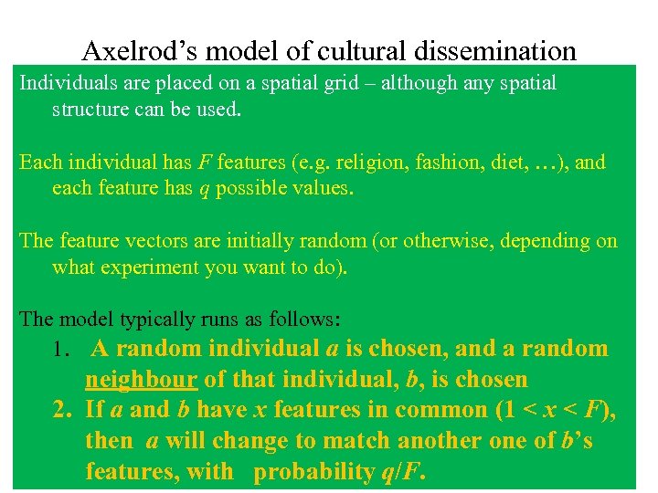 Axelrod’s model of cultural dissemination Individuals are placed on a spatial grid – although