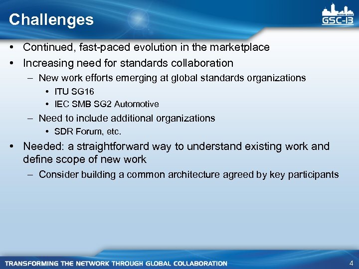 Challenges • Continued, fast-paced evolution in the marketplace • Increasing need for standards collaboration