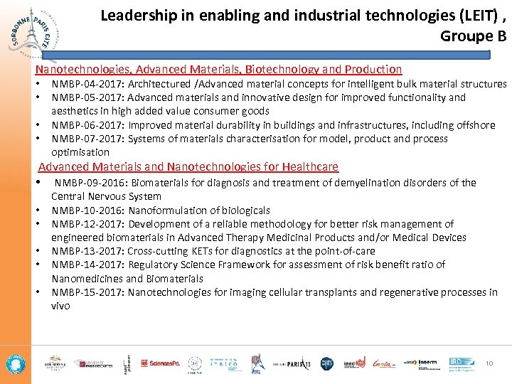 Leadership in enabling and industrial technologies (LEIT) , Groupe B Nanotechnologies, Advanced Materials, Biotechnology