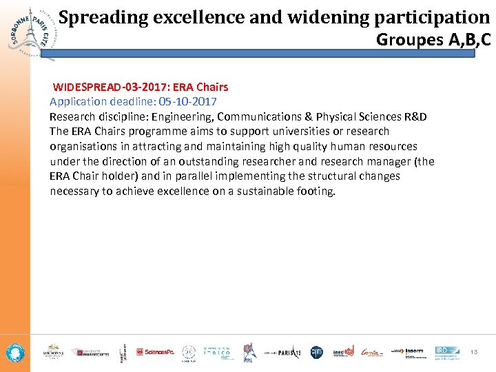 Spreading excellence and widening participation Groupes A, B, C WIDESPREAD-03 -2017: ERA Chairs Application