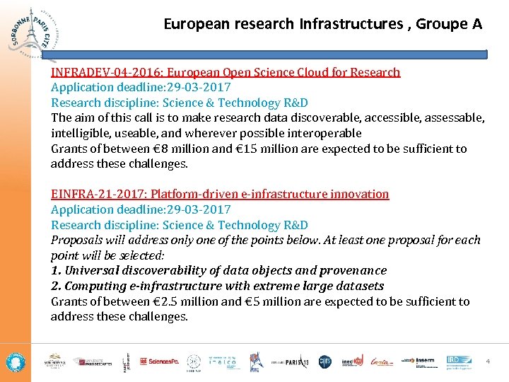 European research Infrastructures , Groupe A INFRADEV-04 -2016: European Open Science Cloud for Research