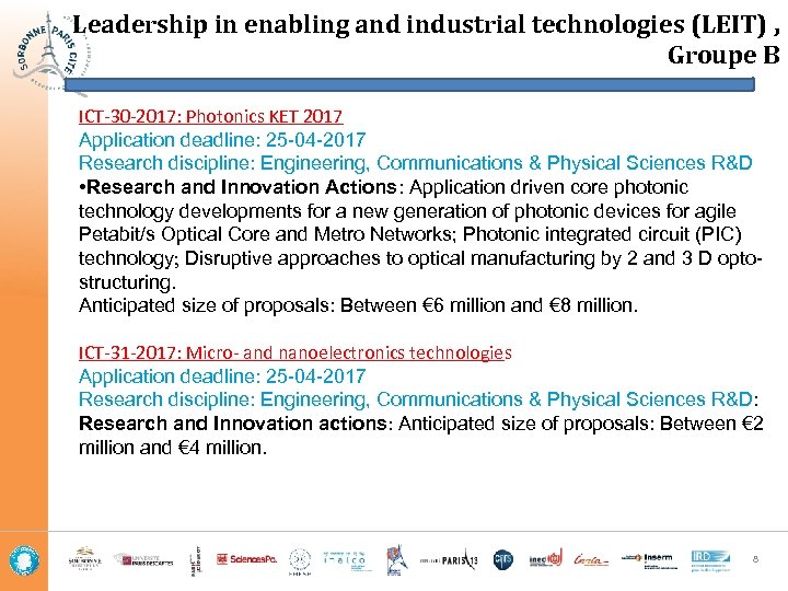 Leadership in enabling and industrial technologies (LEIT) , Groupe B ICT-30 -2017: Photonics KET