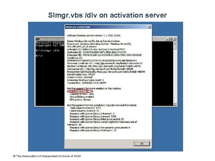 Slmgr. vbs /dlv on activation server © The Association of Independent Schools of NSW
