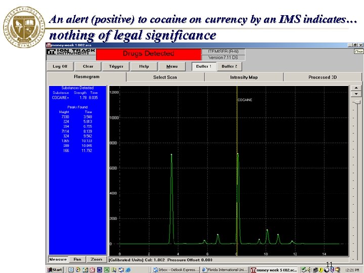 An alert (positive) to cocaine on currency by an IMS indicates… nothing of legal